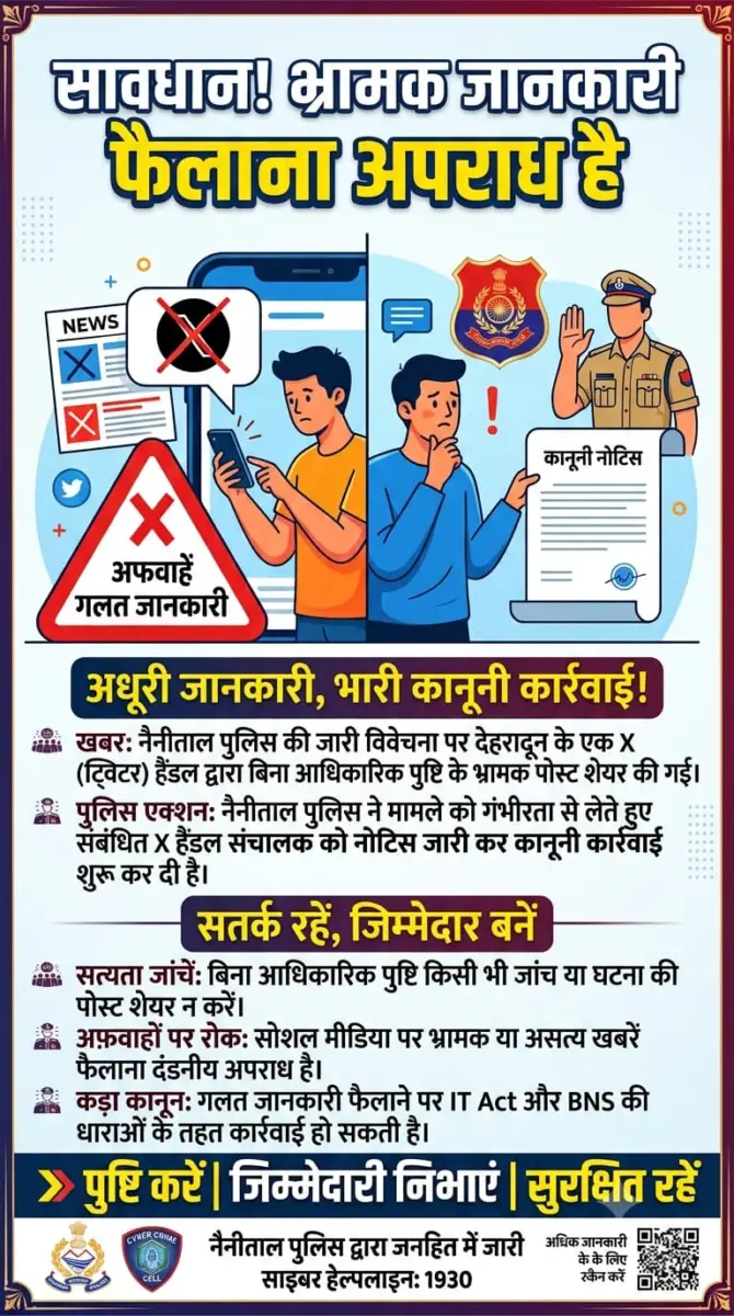 *ओंनगोइंग विवेचना पर भ्रामक पोस्ट करना पड़ा भारी, देहरादून के X हैंडल को नैनीताल पुलिस का नोटिस*  *बिना आधिकारिक पुष्टि सोशल मीडिया पोस्ट करना पड़ा महंगा*